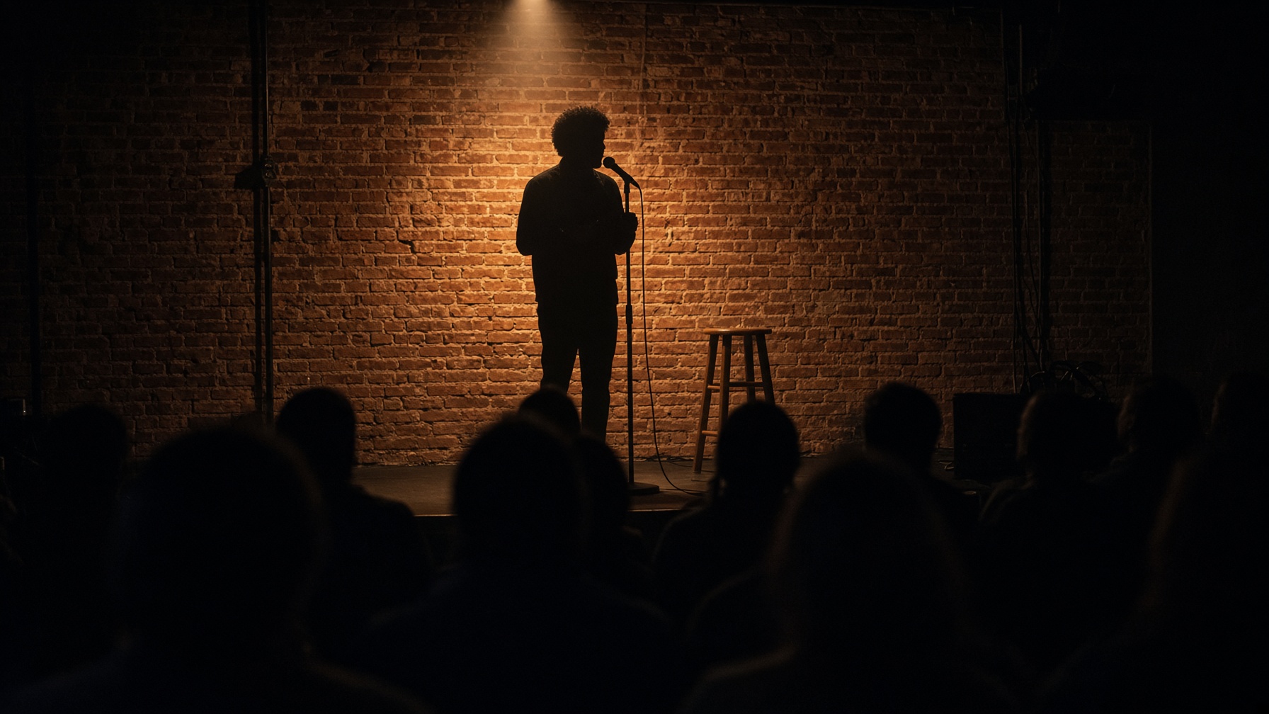 A stand-up set on a brick-wall stage, seen from a seat in the room