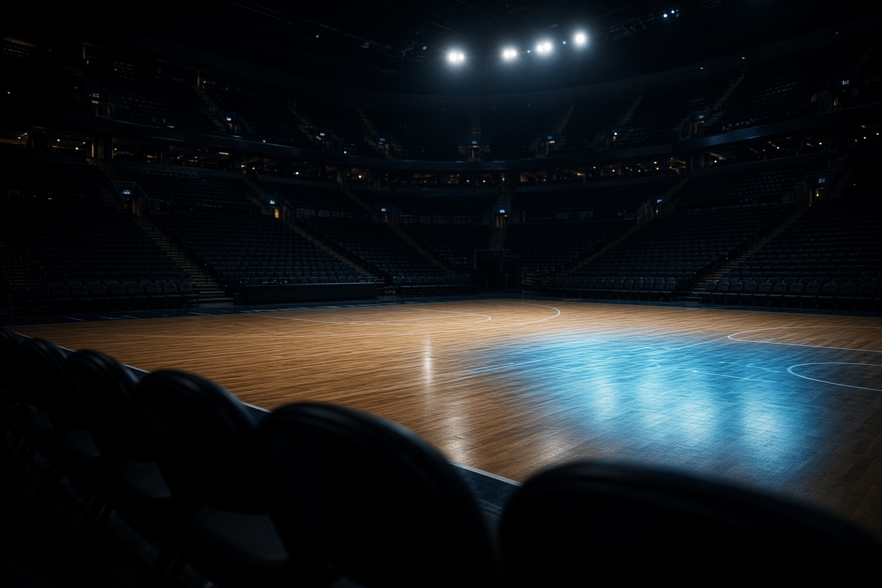 A lit basketball court viewed from a courtside seat